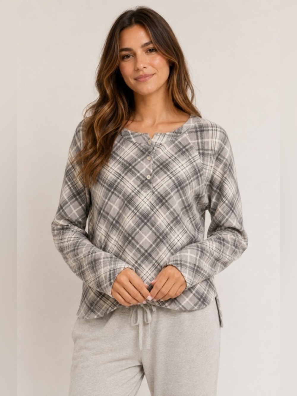 Victoria’s Secret Plaid Waffle Knit Henley Pajamas L Vacation Fall Cabin Loung
